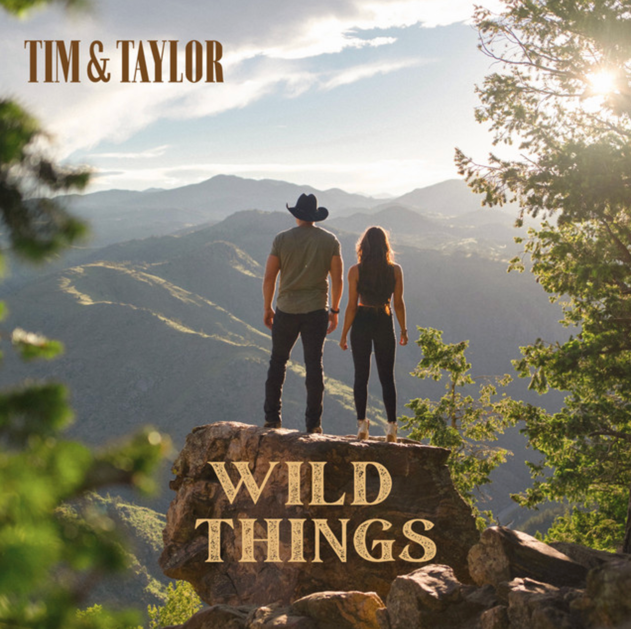Tim & Taylor Wild Things single cover art, the duo standing on a rock overlooking mountains at sunrise