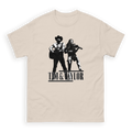 Tim & Taylor natural cream unisex classic t-shirt, front view with black duo silhouette graphic