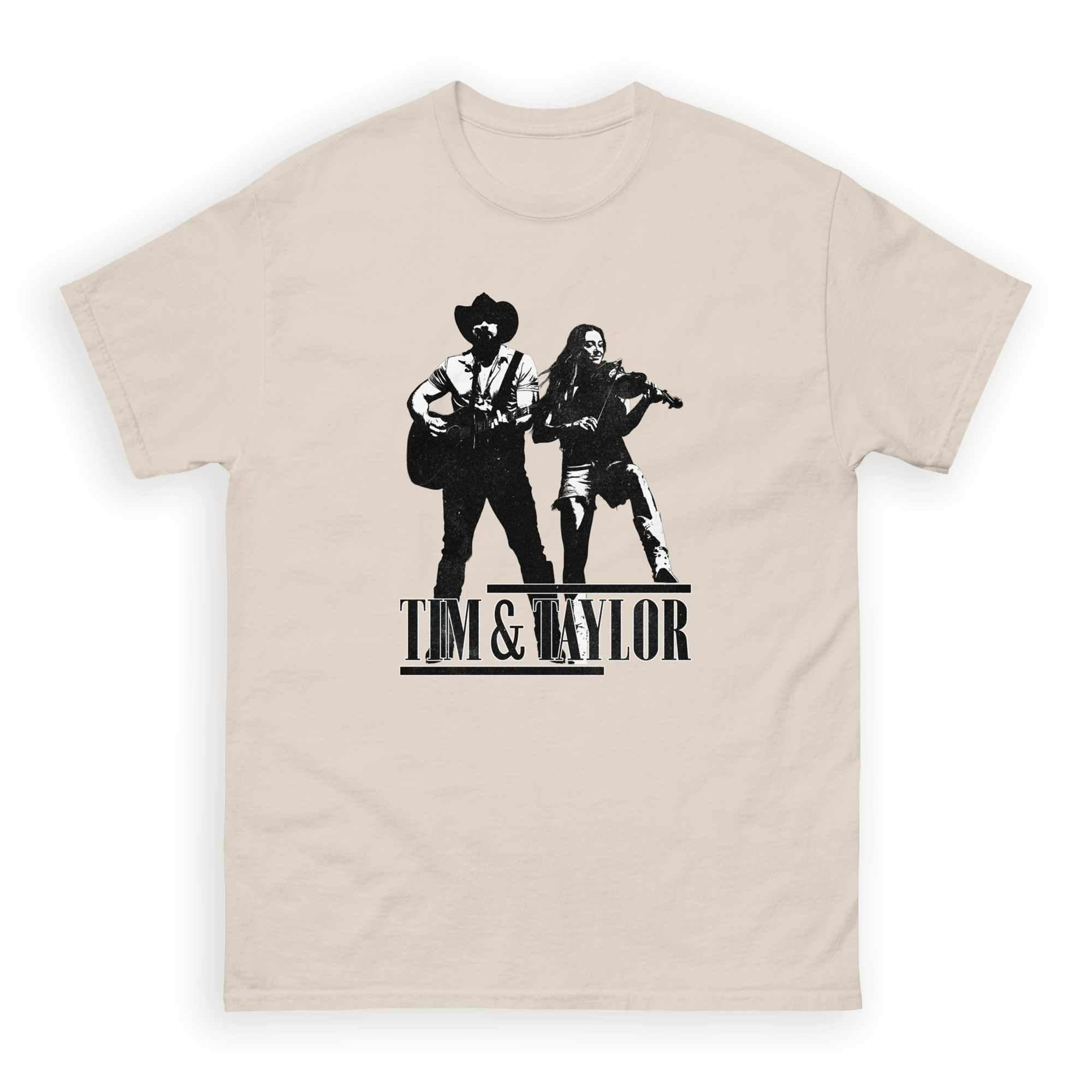 Tim & Taylor natural cream unisex classic t-shirt, front view with black duo silhouette graphic