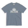 Tim & Taylor blue jean garment-dyed heavyweight t-shirt, front view with cream Tim & Taylor crest logo