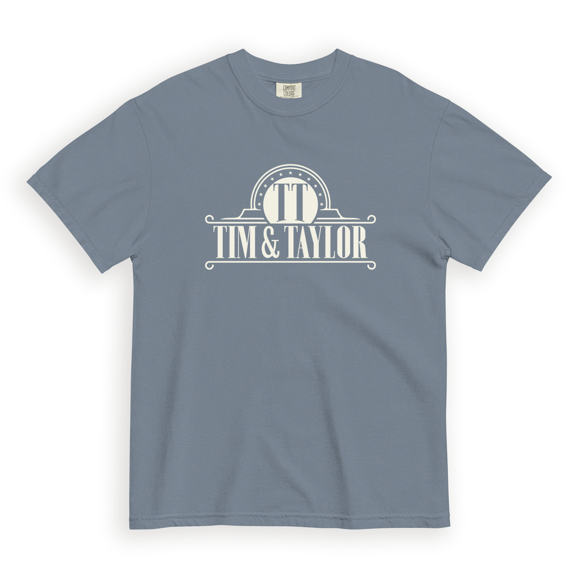 Tim & Taylor blue jean garment-dyed heavyweight t-shirt, front view with cream Tim & Taylor crest logo