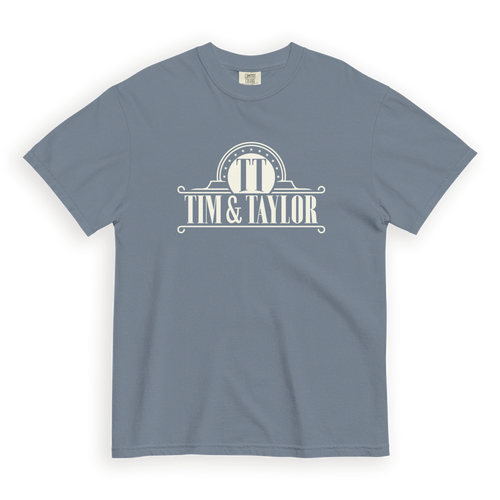 Tim & Taylor blue jean garment-dyed heavyweight t-shirt, front view with cream Tim & Taylor crest logo