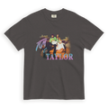 Tim & Taylor graphite garment-dyed heavyweight t-shirt, front view with retro bootleg-style photo graphic of the duo