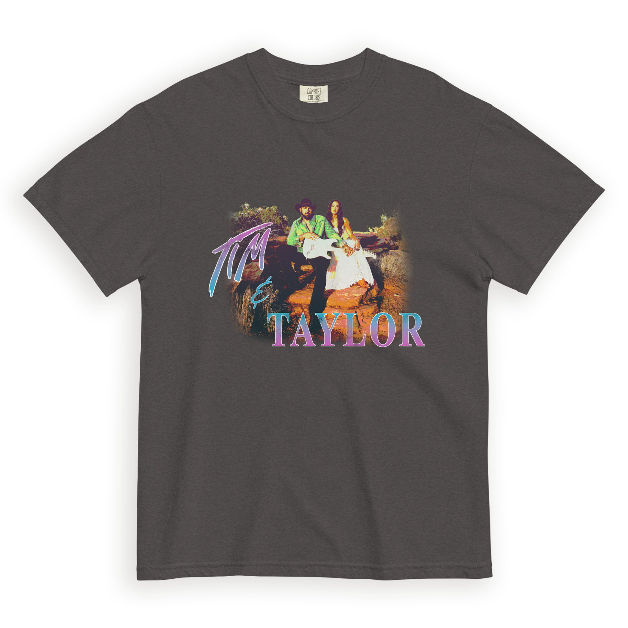 Tim & Taylor graphite garment-dyed heavyweight t-shirt, front view with retro bootleg-style photo graphic of the duo