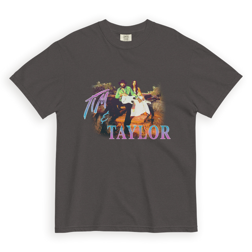 Tim & Taylor graphite garment-dyed heavyweight t-shirt, front view with retro bootleg-style photo graphic of the duo