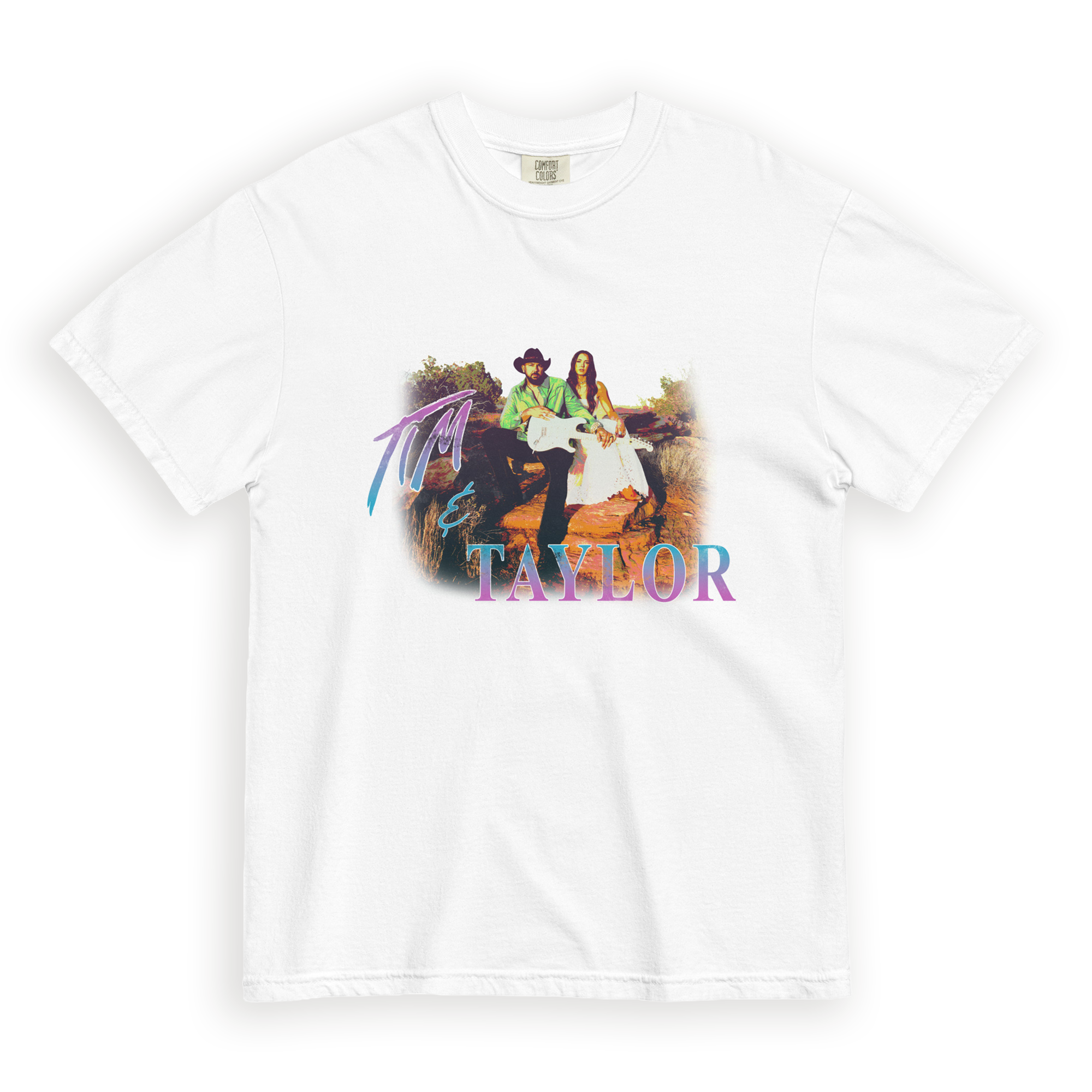 Tim & Taylor white garment-dyed heavyweight t-shirt, front view with retro bootleg-style photo graphic of the duo