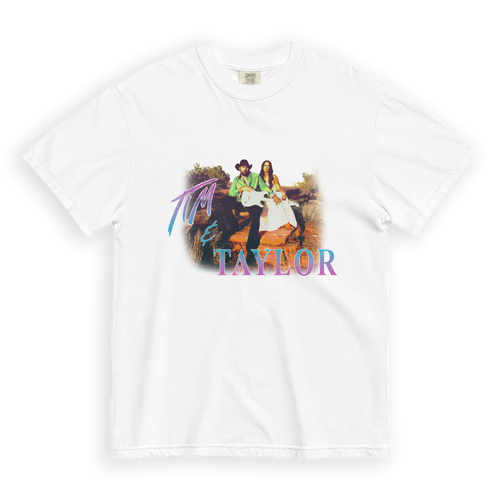 Tim & Taylor white garment-dyed heavyweight t-shirt, front view with retro bootleg-style photo graphic of the duo